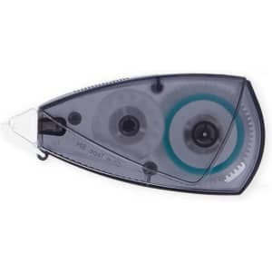 A glue tape dispenser in grey and transparent casing with a reel mechanism and a small blade for cutting.