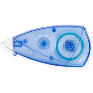 A blue adhesive tape dispenser featuring a transparent casing and a rotating tape roller.