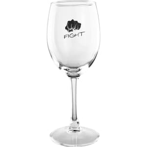 A clear wine glass with a slender stem and a brand logo featured. Holds 330ml of liquid.