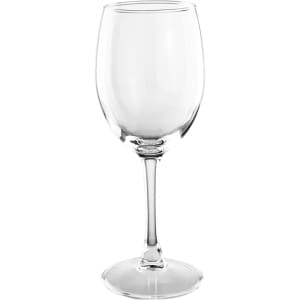 A clear glass wine glass with a tall stem and wide bowl, featuring a minimalist design.