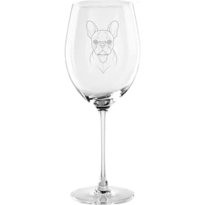 A wine glass in clear glass, featuring an etched image of a French Bulldog on the side.