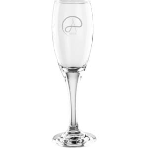 A clear glass champagne flute with a slender stem and a logo on the surface. Holds 170ml.