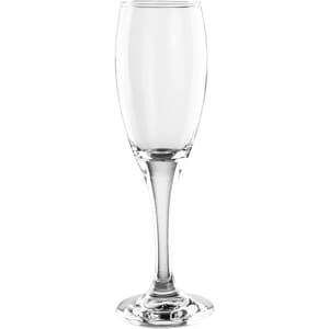 A clear glass champagne flute with a elegant stem, designed for serving sparkling beverages.