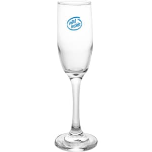 A clear glass champagne flute with a tall stem and a round base. It features a logo on the surface.