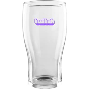 A clear glass beer glass with a curved shape and a purple logo printed on the front.