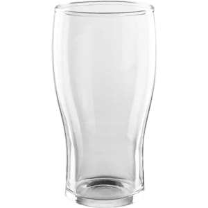 A transparent, curved glass beer tumbler with a smooth finish, designed for serving beverages.