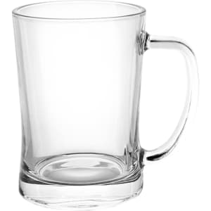 A clear glass beer mug with a sturdy handle and a thick base, designed for serving beverages.