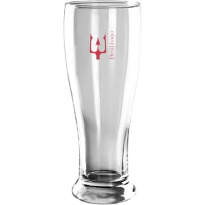 A clear glass beer glass, featuring a red logo, with a tall, tapered design and a sturdy base.