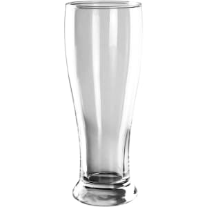 A clear, tall beer glass with a smooth finish and a subtle flared shape at the top. It has a sturdy base.