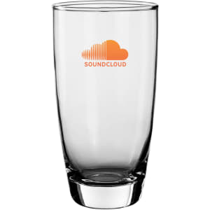 A clear, tall beer glass with a thick base. Features an orange logo. Suitable for serving beverages.
