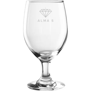 A clear glass wine glass with a smooth bowl and a sturdy stem, featuring an etched logo.
