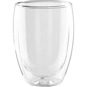 A double wall glass, 340ml capacity, featuring a clear design with a sleek and modern shape. Contains a logo.