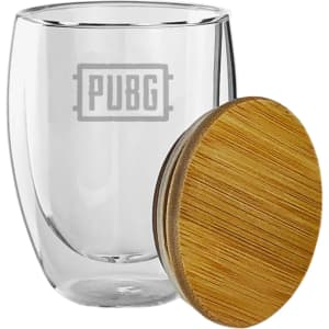 A double wall glass cup in clear glass with a bamboo lid, featuring a logo.