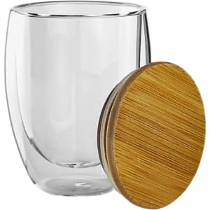 A drink bottle featuring a clear double wall glass cup with a bamboo lid. The cup has a sleek, modern design.