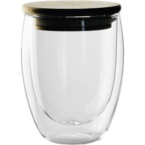 A double wall glass cup with a wooden lid, featuring a clear design and smooth finish.