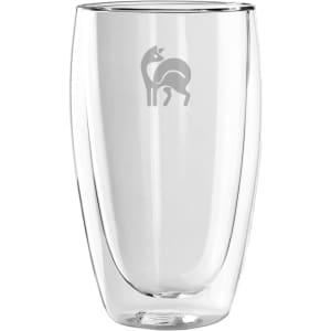 A double wall glass with a sleek, clear design, featuring a logo, ideal for beverages.