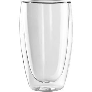 A drink bottle made of clear glass with a double wall design, featuring a sleek and modern shape.