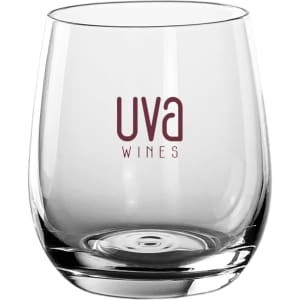 A stemless glass cup in clear glass, featuring a logo in burgundy, suitable for various beverages.