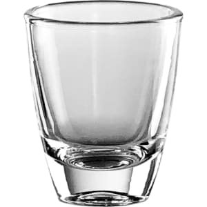 A clear glass shot glass with a tapered base and a smooth finish, ideal for serving spirits.