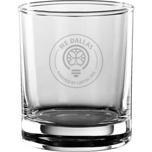A glass tumbler with a clear design, featuring a circular logo, and a sturdy base.