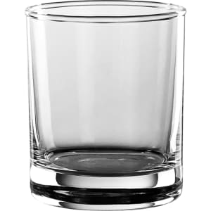A clear glass tumbler with a smooth design and a sturdy base, featuring a logo on the side.