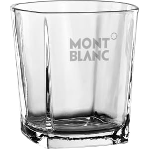 A glass tumbler with a clear design and a square shape, featuring a logo on one side.