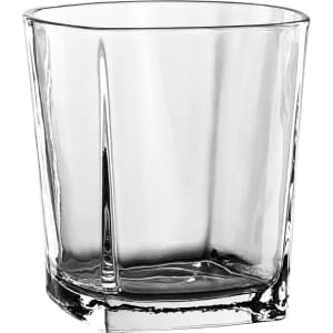 A glass tumbler in a clear, transparent design with angled sides and a sturdy base.
