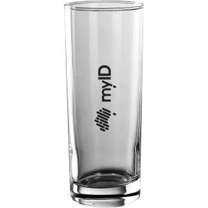A tall, transparent glass tumbler with a clear design and a logo. Ideal for beverages.