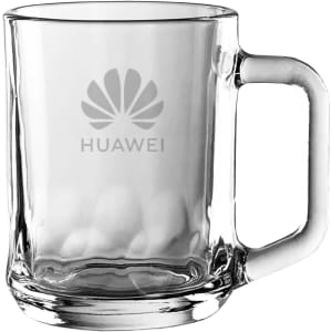 A glass mug with a transparent design, featuring a handle and a logo. Holds 280ml of liquid.