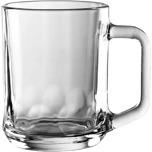 A clear glass mug with a sturdy handle, featuring a simple, classic design.