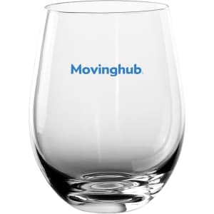 A glass wine cup in clear glass with a rounded shape, featuring a logo in blue.