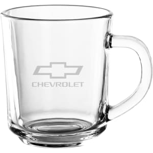 A glass mug with a transparent body and a sturdy handle, featuring a logo. Ideal for serving beverages.