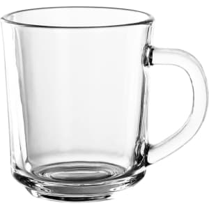 A glass mug with a clear design and a sturdy handle, featuring a simple, modern shape.