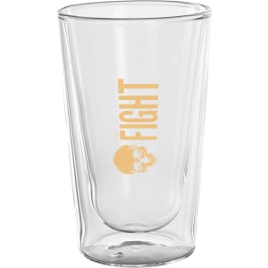 A double wall glass tumbler in clear glass, featuring a design with a skull and the word "FIGHT" in yellow.