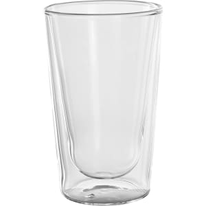A double wall glass tumbler in clear glass, featuring a sleek and modern design, with a visible logo.