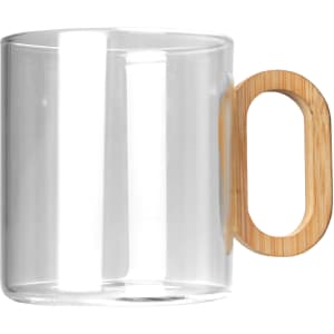 A glass coffee cup with a bamboo handle, featuring a clear design and sleek lines.