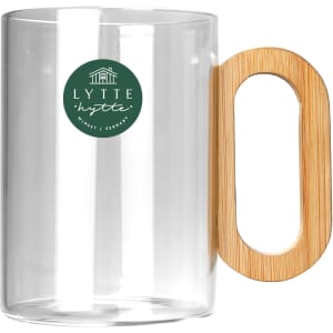 A glass coffee cup with a bamboo handle and a logo on the side. Clear design emphasises its modern look.