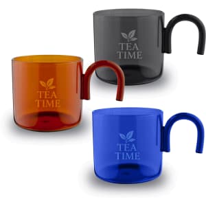 Three transparent cups in orange, black, and blue with handles and a logo.