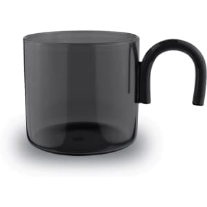 A glass tea and coffee cup in a smoky black colour with a curved handle. There is a logo present.