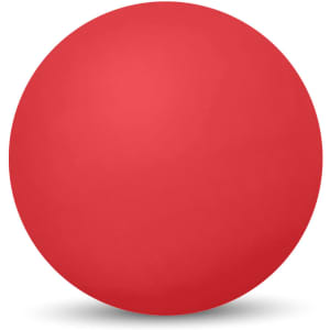 A bright red high bounce ball with a smooth surface and a rounded shape, featuring a logo.