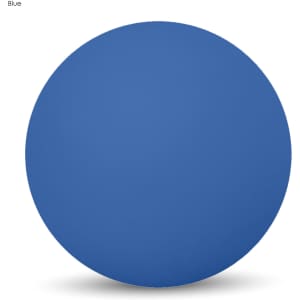 A blue high bounce ball with a smooth surface and a circular shape, featuring a logo.
