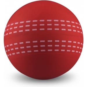 A red high bounce cricket ball with white stitching patterns and a smooth surface. The ball features a logo.