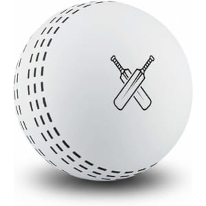 A white cricket ball featuring a black logo of crossed bats, designed for high bounce.