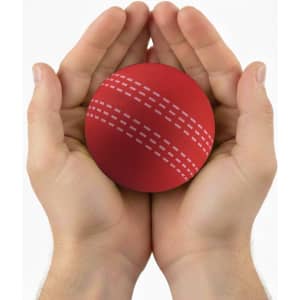 A red cricket ball held gently in two hands, featuring distinctive seam markings. The image has a logo.