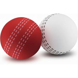 Two cricket balls, one red and one white, featuring stitching details and a logo on the white ball.