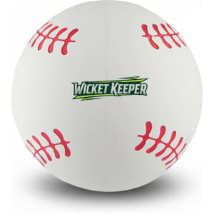 A white high-bounce baseball featuring red stitching and a logo.
