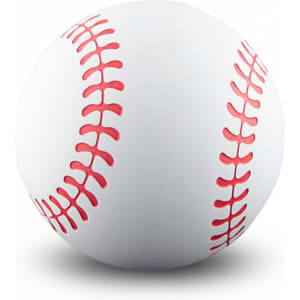 A high bounce baseball in white with red stitching, featuring a logo.
