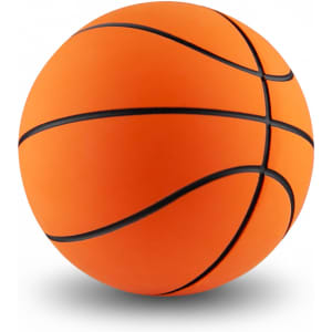 An orange basketball with black lines, designed for high bounce performance.
