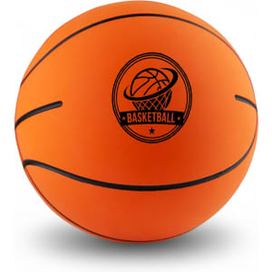 An orange basketball with black lines and a logo printed on it.