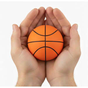 An orange basketball held in two hands, featuring black lines for seam details. The hands cradle the ball gently.